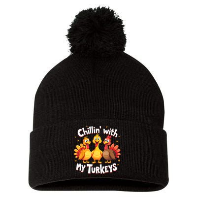 Chillin With My Turkeys Thanksgiving Family Pom Pom 12in Knit Beanie