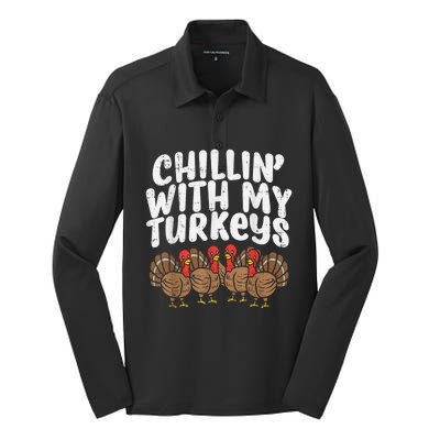 Chillin With My Turkeys Thanksgiving Family Kids Gift Silk Touch Performance Long Sleeve Polo