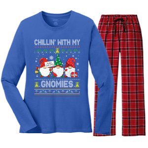 Chillin With My Gnomies Cute Buffalo Red Plaid Garden Gnome Gift Women's Long Sleeve Flannel Pajama Set 