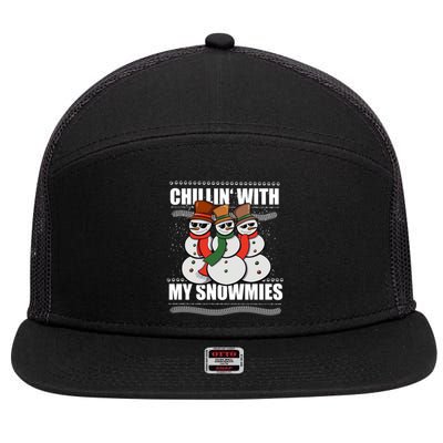 Chillin With My Snowmies Ugly Sweater Christmas Cool Gift 7 Panel Mesh Trucker Snapback Hat