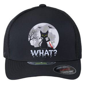 Cat What? Murderous Black Cat With Knife Halloween Costume Flexfit Unipanel Trucker Cap