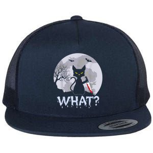 Cat What? Murderous Black Cat With Knife Halloween Costume Flat Bill Trucker Hat