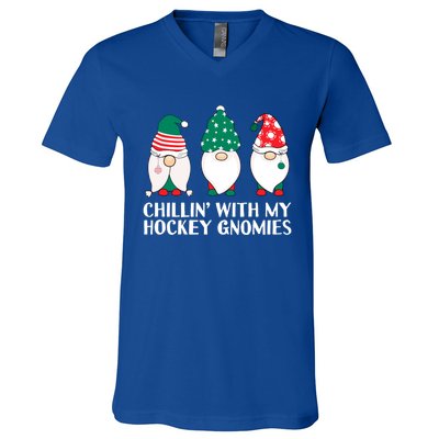 Chilling With My Hockey Gnomies Funny Gnome Pun Xmas Pajamas Gift V-Neck T-Shirt