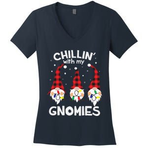 Chillin With My Gnomies Funny Gnome Christmas Pamajas Family Cute Women's V-Neck T-Shirt