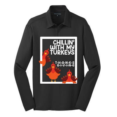 Chillin With My Turkeys Thanksgiving Funny Silk Touch Performance Long Sleeve Polo