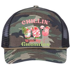 Chillin With My Gnomies Tropical Gnomes With A Flamingo Gift Retro Rope Trucker Hat Cap