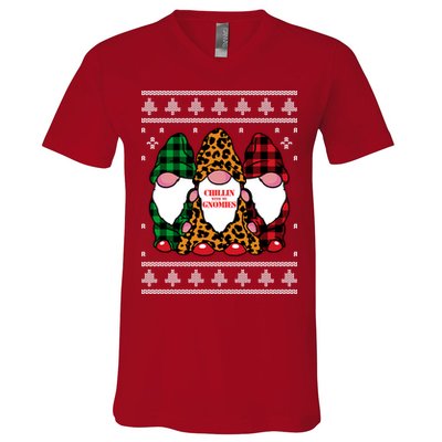 Chillin With My Gnomies Gnomes In Pajamas Ugly Christmas V-Neck T-Shirt