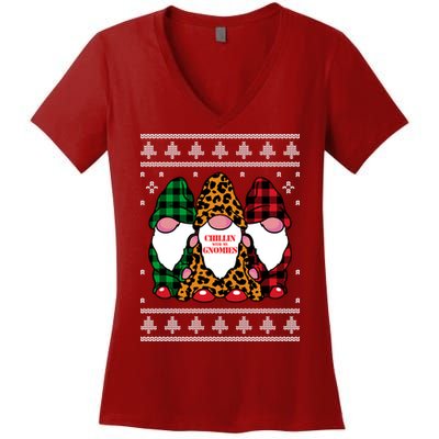 Chillin With My Gnomies Gnomes In Pajamas Ugly Christmas Women's V-Neck T-Shirt