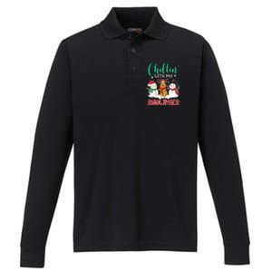 Chillin With My Snowmies Golden Santa Christmas Tree Gift Performance Long Sleeve Polo