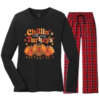 Chillin With My Turkeys Thanksgiving Family Matching Women's Long Sleeve Flannel Pajama Set 