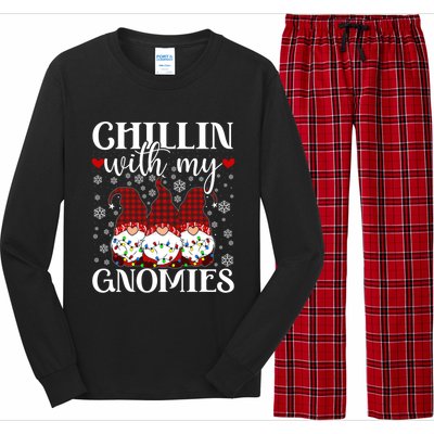 Chillin With My Gnomies Red Plaid Christmas Gnome Novelty Gift Long Sleeve Pajama Set