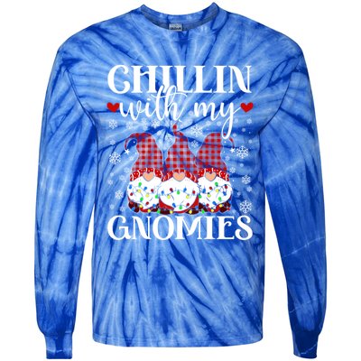 Chillin With My Gnomies Red Plaid Christmas Gnome Novelty Gift Tie-Dye Long Sleeve Shirt