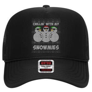 Chillin With My Snowmies Funny Ugly Christmas High Crown Mesh Back Trucker Hat