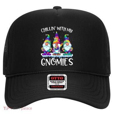Chillin With My Gnomies Christmas Tie Dye Garden Gnome Xmas High Crown Mesh Back Trucker Hat