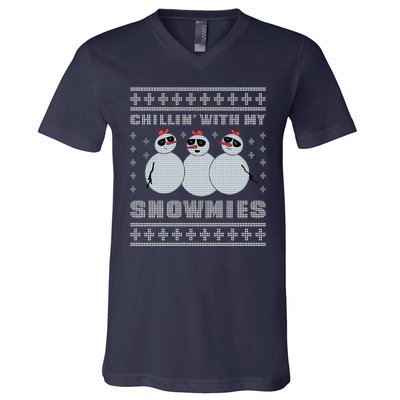 Chillin With My Snowmies Funny Snowman Homies Ugly Christmas V-Neck T-Shirt