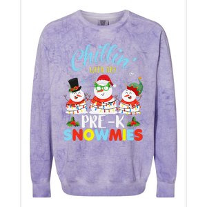 Chillin With My PreK Snowmies Teacher Christmas Xmas Lights Colorblast Crewneck Sweatshirt