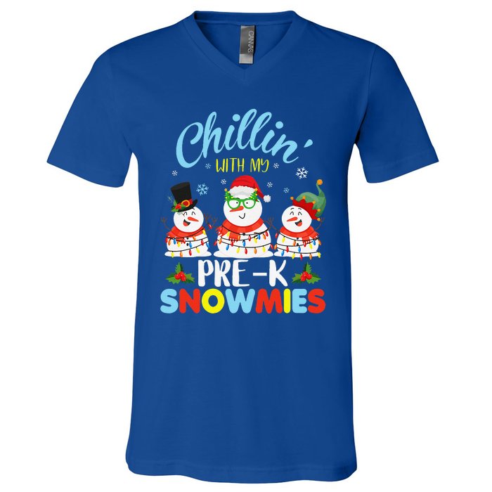 Chillin With My PreK Snowmies Teacher Christmas Xmas Lights V-Neck T-Shirt