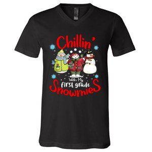 Chilling With My First Grade Snowmies Teacher Christmas V-Neck T-Shirt