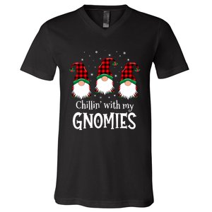 Chillin With My Gnomies Buffalo Red Plaid Christmas Gnome V-Neck T-Shirt