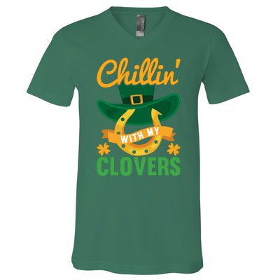 Chillin' With My Clovers Funny St Patricks Day V-Neck T-Shirt