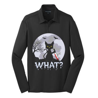 CAT WHAT Murderous Black Cat With Knife Halloween Costume Silk Touch Performance Long Sleeve Polo