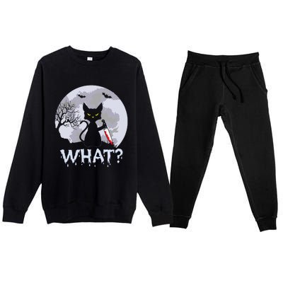 CAT WHAT Murderous Black Cat With Knife Halloween Costume Premium Crewneck Sweatsuit Set