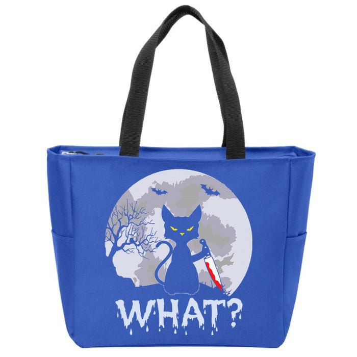 CAT WHAT Murderous Black Cat With Knife Halloween Costume Zip Tote Bag