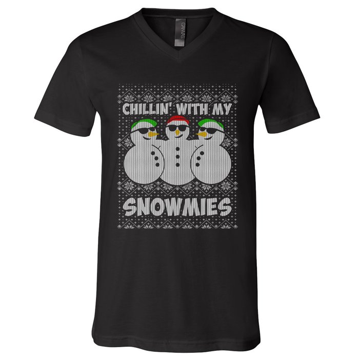 Chillin With My Snowmies Funny Ugly Christmas V-Neck T-Shirt