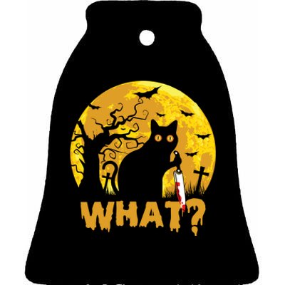 CAT WHAT? Murderous Black Cat With Knife Halloween Costume Funny Joke Ceramic Bell Ornament