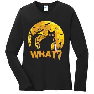 CAT WHAT? Murderous Black Cat With Knife Halloween Costume Funny Joke Ladies Long Sleeve Shirt