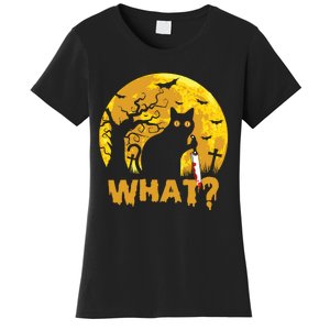 CAT WHAT? Murderous Black Cat With Knife Halloween Costume Funny Joke Women's T-Shirt