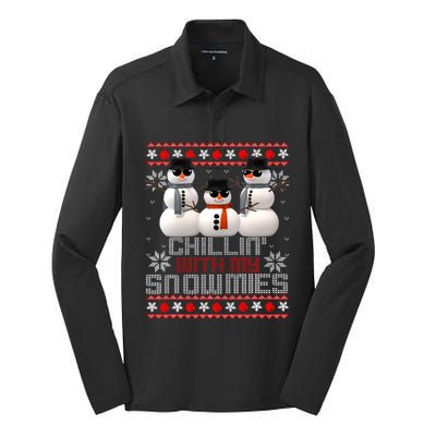 Chillin With My Snowmies Ugly Christmas Xmas Snowman Silk Touch Performance Long Sleeve Polo