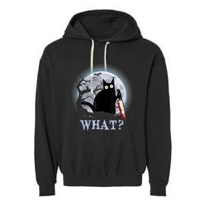 Cat What? Murderous Black Cat With Knife Halloween Funny Cat Lovers Garment-Dyed Fleece Hoodie