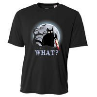 Cat What? Murderous Black Cat With Knife Halloween Funny Cat Lovers Cooling Performance Crew T-Shirt