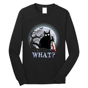 Cat What? Murderous Black Cat With Knife Halloween Funny Cat Lovers Long Sleeve Shirt