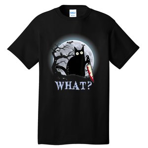 Cat What? Murderous Black Cat With Knife Halloween Funny Cat Lovers Tall T-Shirt