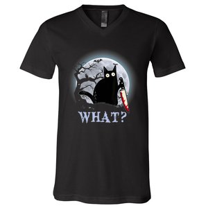 Cat What? Murderous Black Cat With Knife Halloween Funny Cat Lovers V-Neck T-Shirt