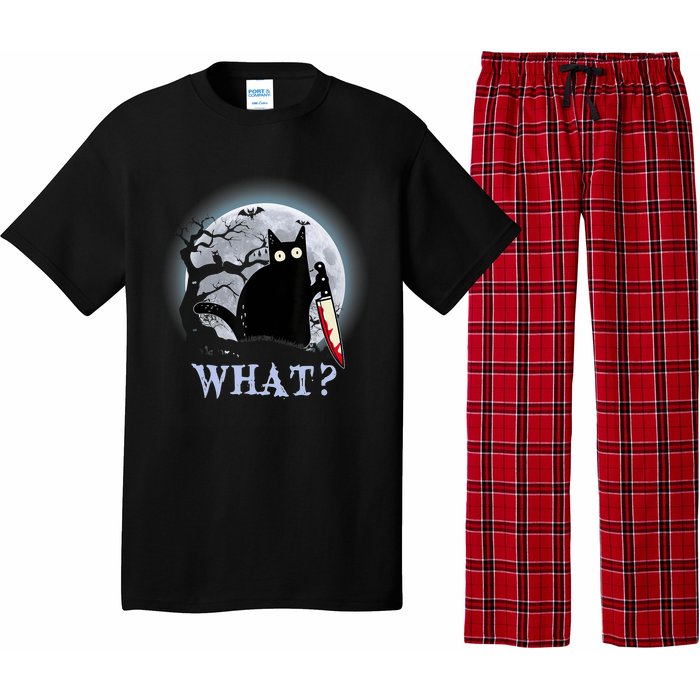 Cat What? Murderous Black Cat With Knife Halloween Funny Cat Lovers Pajama Set