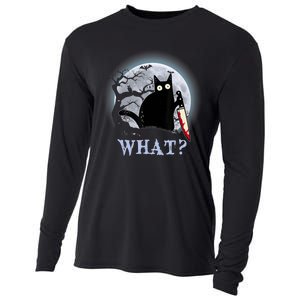 Cat What? Murderous Black Cat With Knife Halloween Funny Cat Lovers Cooling Performance Long Sleeve Crew