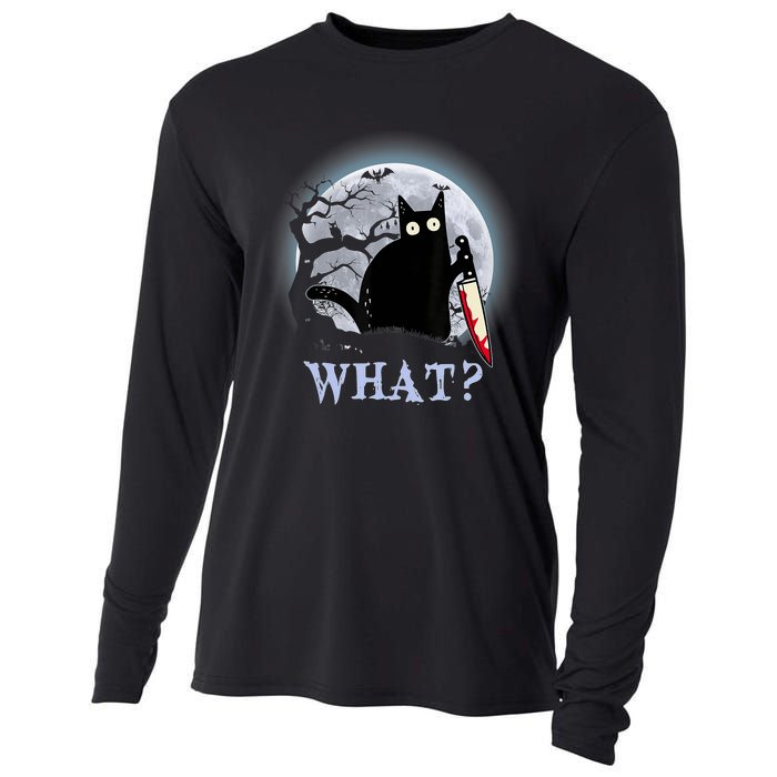 Cat What? Murderous Black Cat With Knife Halloween Funny Cat Lovers Cooling Performance Long Sleeve Crew