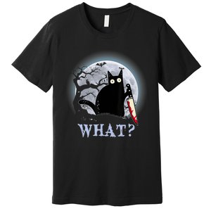 Cat What? Murderous Black Cat With Knife Halloween Funny Cat Lovers Premium T-Shirt