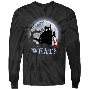 Cat What? Murderous Black Cat With Knife Halloween Funny Cat Lovers Tie-Dye Long Sleeve Shirt