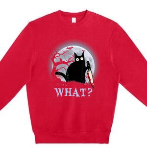 Cat What? Murderous Black Cat With Knife Halloween Funny Cat Lovers Premium Crewneck Sweatshirt