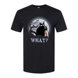 Cat What? Murderous Black Cat With Knife Halloween Funny Cat Lovers Softstyle CVC T-Shirt