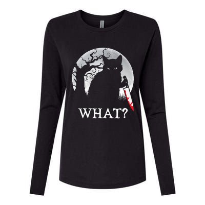 Cat What? Murderous Black Cat With Knife Halloween Cat Black Cat Lover Gift Womens Cotton Relaxed Long Sleeve T-Shirt