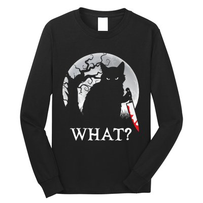 Cat What? Murderous Black Cat With Knife Halloween Cat Black Cat Lover Gift Long Sleeve Shirt