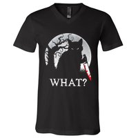 Cat What? Murderous Black Cat With Knife Halloween Cat Black Cat Lover Gift V-Neck T-Shirt