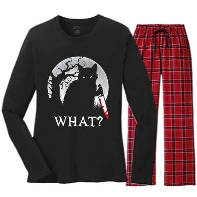 Cat What? Murderous Black Cat With Knife Halloween Cat Black Cat Lover Gift Women's Long Sleeve Flannel Pajama Set 