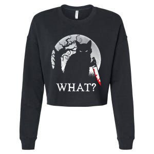 Cat What? Murderous Black Cat With Knife Halloween Cat Black Cat Lover Gift Cropped Pullover Crew