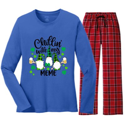 Chillin With My Meme St Patricks Day Gnomes Garden Gnome Women's Long Sleeve Flannel Pajama Set 